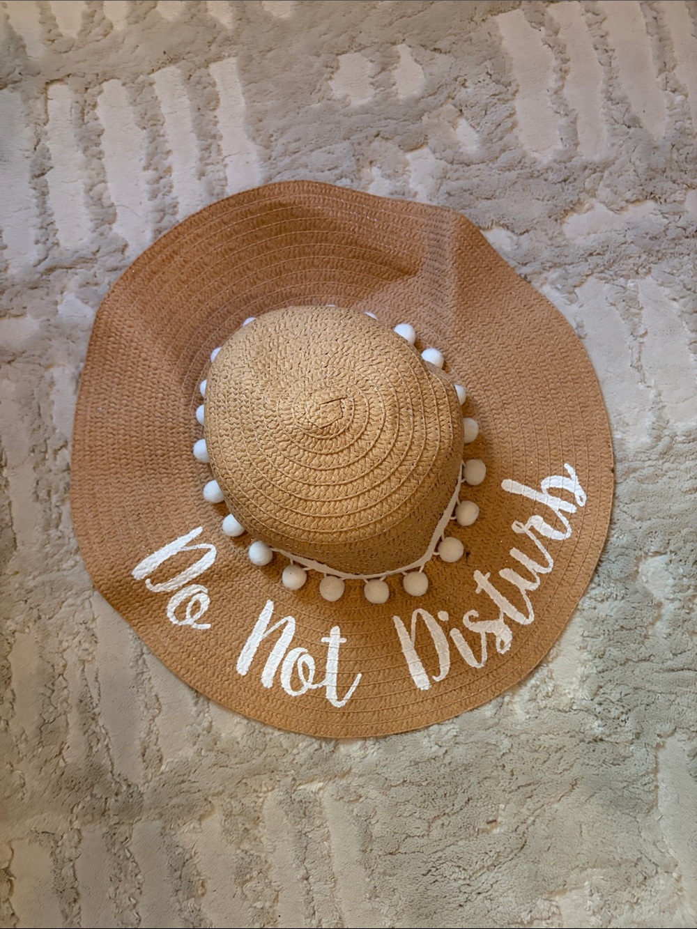 Women’s Straw Sun Hat "Do Not Disturb" with Pom Pom Trim - Tan